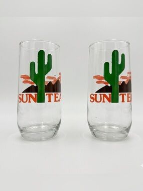 Vintage Green Cactus Sun Tea Glass Tumblers — Set of 2